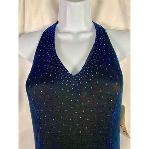 Blondie Nites Womens Midnight Blue Halter Neck Dress with Rhinestone Embellishme